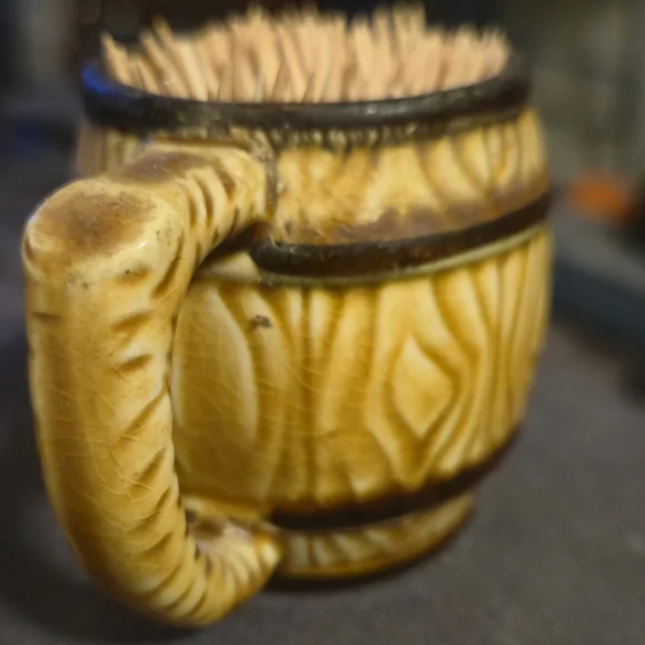 Japan Vintage Ceramic Barrel Toothpick Holder MCM Faux Wood Grain Brown Tan Mini - Picture 6 of 9